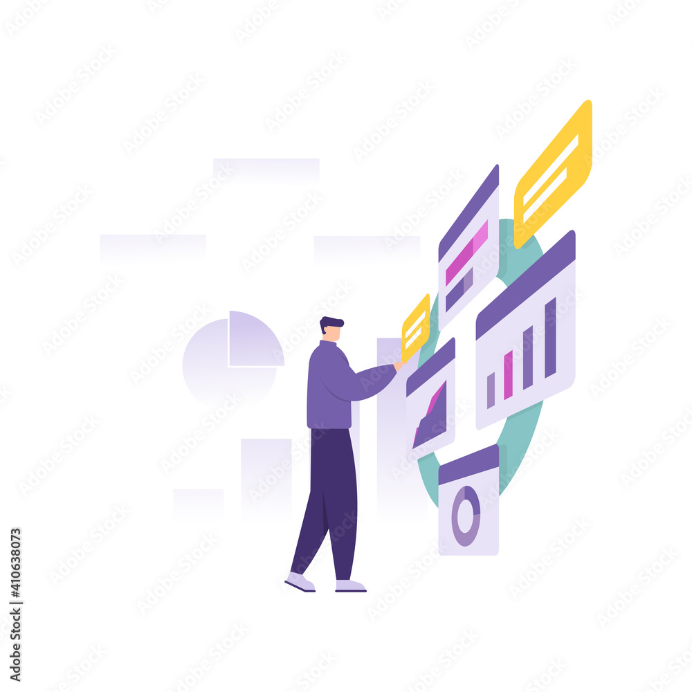 Fototapeta premium a concept of a data analyst, business management, financial manager. illustration of a man analyzing and managing an information data or graph. flat style. vector design element