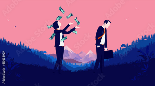 Successful woman with higher salary than man throwing money in air. Reversed gender inequality. Vector illustration.