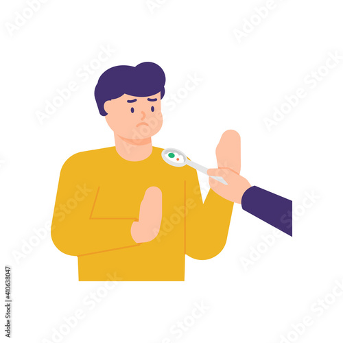 a man refuses a bite of food because he does not want to eat or does not have an appetite. illustrations of people's facial expressions. holding the spoon. feed people. flat style. vector design 