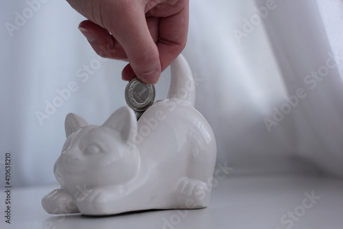 Hand putting a Polish zloty coin into a cat-shaped penny bank. photo