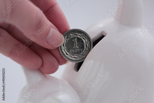 Hand putting a Polish zloty coin into a penny bank. photo