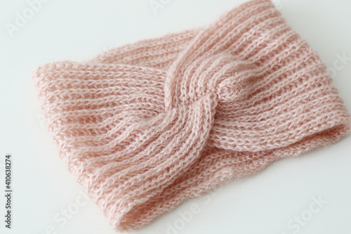 women hand knitted pink wool headband