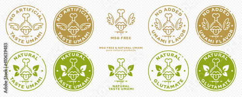 Concept - natural taste of glutamate and umami. The mouth icon with meat and wings is a symbol of freedom from the flavor enhancer. Mouth and meat icon with wing-leaves - a symbol of natural. Vector 