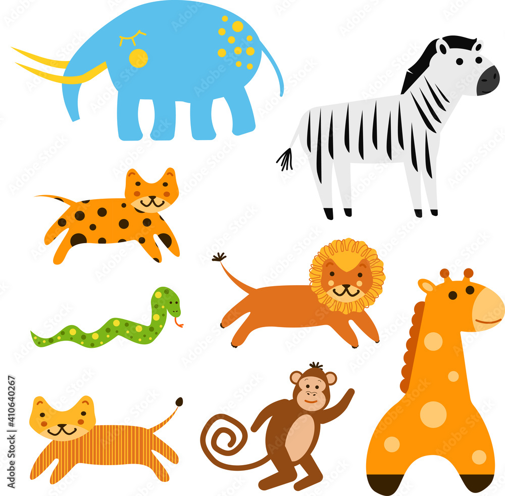 Naklejka premium Vector hand drawn colored childish simple set with cute wild African animals in cartoon style isolated on white background. Elephant, zebra, leopard, lion, tiger, snake, monkey, giraffe.