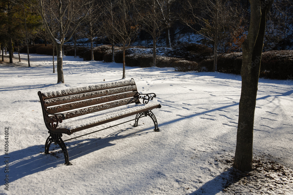 Snow-covered winter park and benches. 