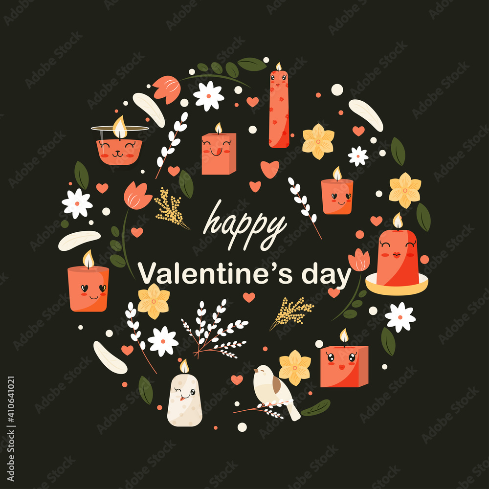 Fototapeta premium St. Valentine’s Day Card with cute candles. Romantic illustration for card, poster, sticker, icon, pattern, scrapbooking, valentine’s day card. Flat style. Valentine's day sticker. 