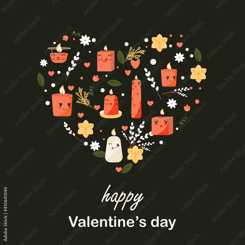 Fototapeta premium St. Valentine’s Day Card with cute candles. Romantic illustration for card, poster, sticker, icon, pattern, scrapbooking, valentine’s day card. Flat style. Valentine's day sticker. 