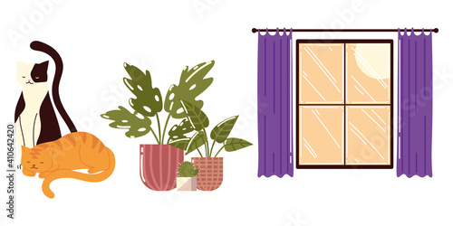 window room potted plants and cats pet animals cartoon