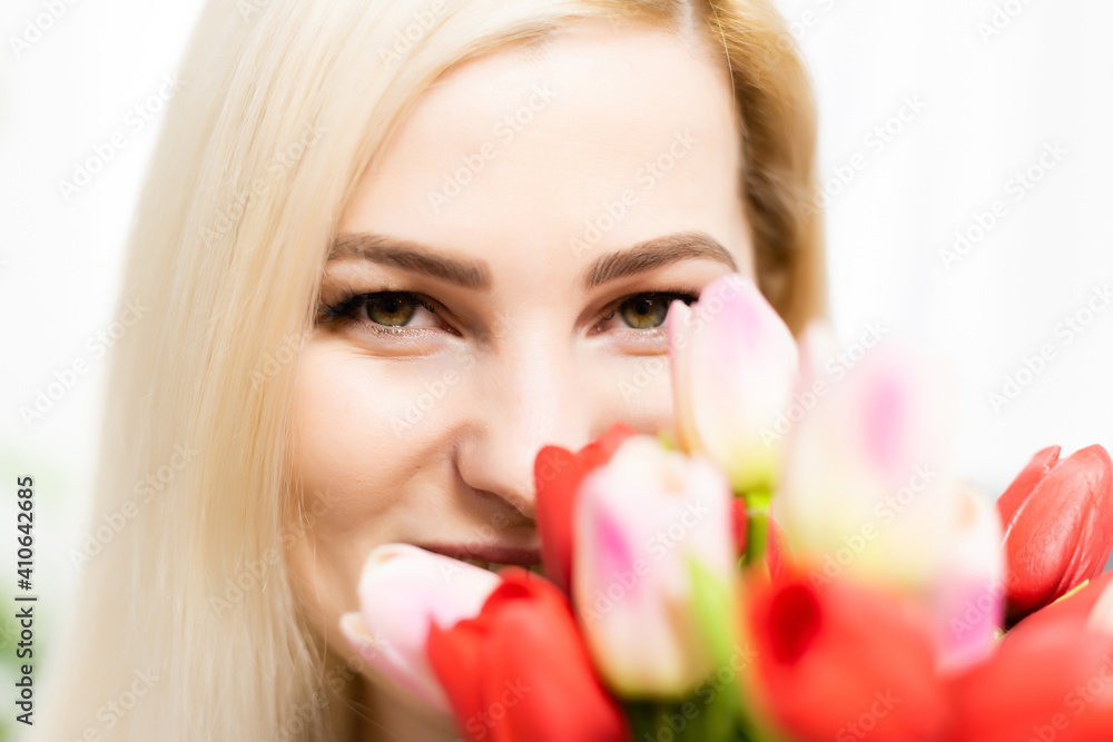 Valentine's Day, Dreaming Young Woman with Bouquet of Flowers Valentine's Day, Dreaming Young Woman with Bouquet of Flowers