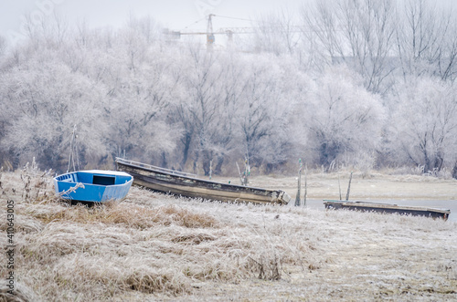 The first snow over the tributary of the Danube near the city of Novi Sad, Serbia 