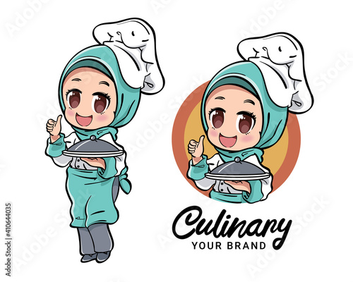 Vector illustration of a cute female muslim chef carrying a serving plate with lid, showing ok thumbs up sign. Can be used as mascot or part of a logo. Drawn in kawaii chibi style. 