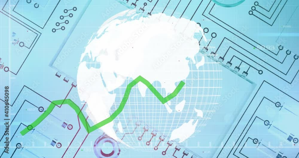 Animation of a graph rolling with a globe spinning over a microprocessor blueprint Animation of a graph rolling with a globe spinning over a microprocessor blueprint