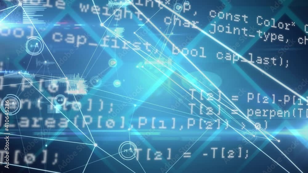 Animation of information and data moving with net of connections with graphs floating Animation of information and data moving with net of connections with graphs floating