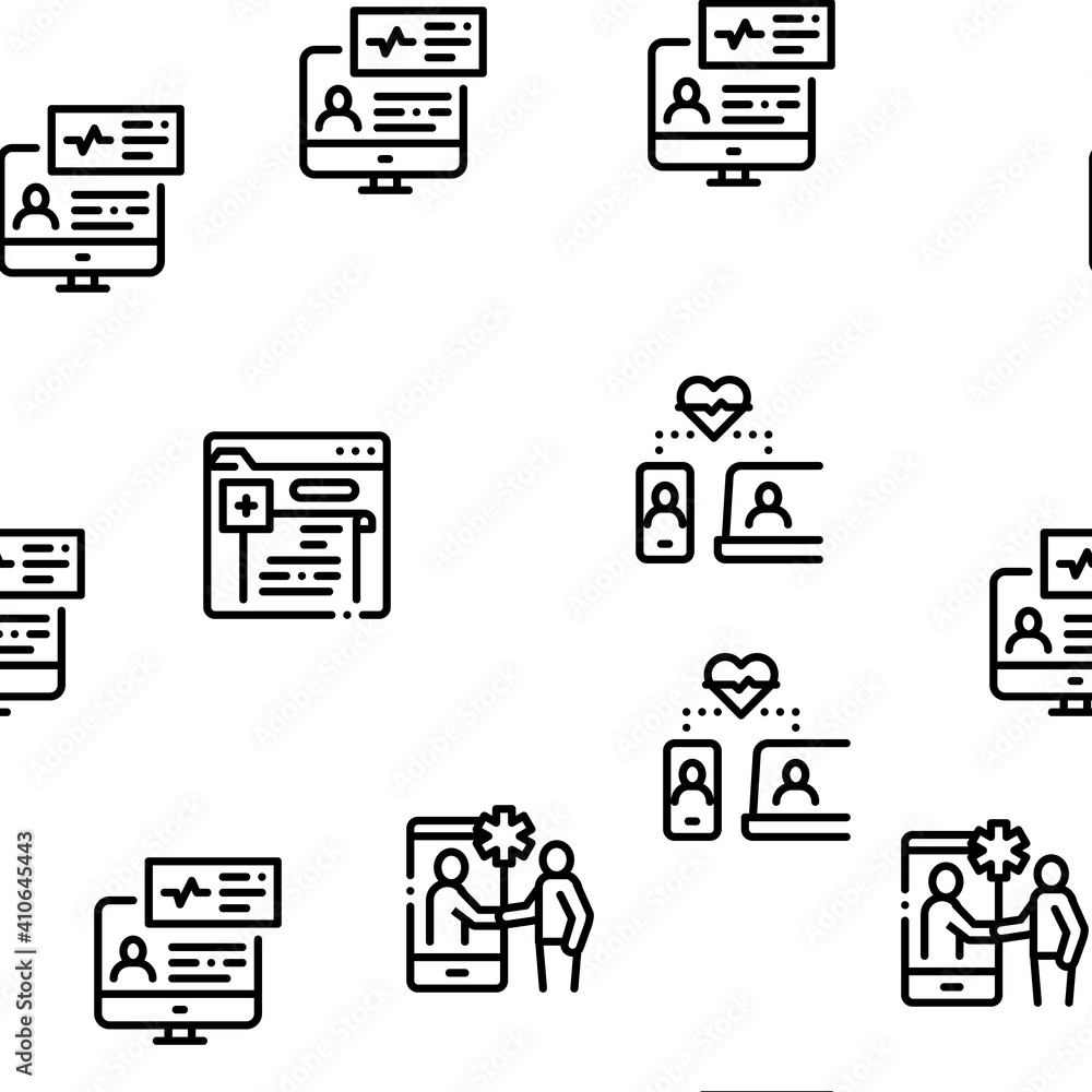 Telemedicine Treatment Seamless Pattern Vector Thin Line. Illustrations Telemedicine Treatment Seamless Pattern Vector Thin Line. Illustrations