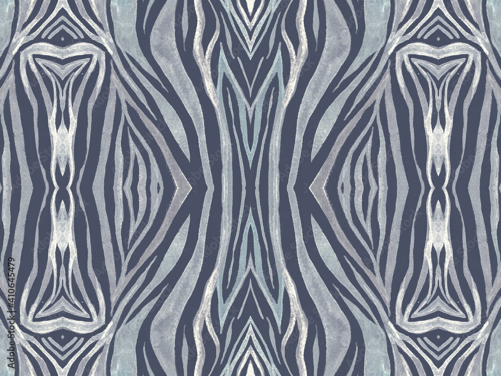 Seamless Zebra Fur Texture. Watercolor Cheetah Design. Gray Fashion Wild Background. Jungle Lines Banner. Animal Fur Texture. Watercolor African Print. Blue Seamless Zebra Skin Texture.
