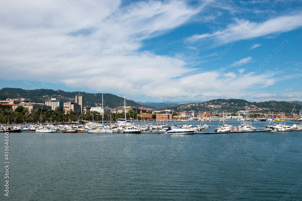 La Spezia port, Liguria, Italy. View on the sea and and mountain. yacht and boats in the port.