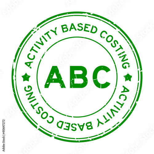 Grunge green ABC (abbreviation of activity based costing) word round rubber seal stamp on white background