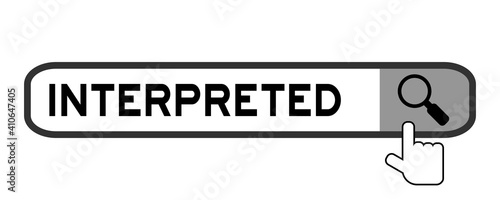 Search banner in word interpreted with hand over magnifier icon on white background