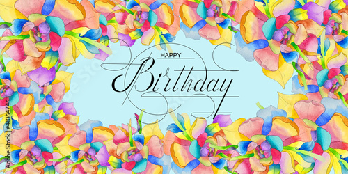 Photography postcard , Internet banner , flat lay with a birthday greeting, with the inscrip
