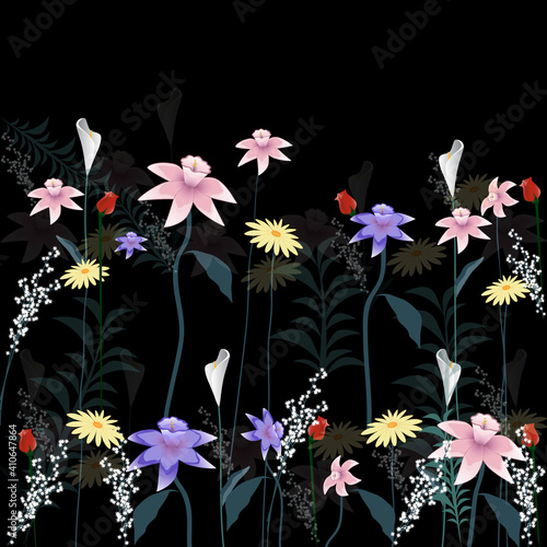 Flowers isolated on black background. Flowers modern design for t-shirt, print material, cloth and textile. Useful for invite and wedding card, wallpaper and greeting card. Flowers vector illustration © Marinko