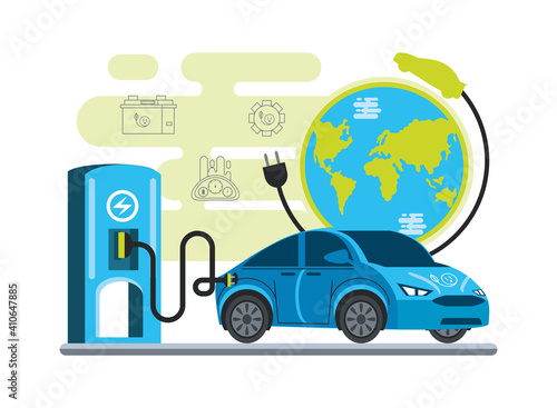 electric car charging at the station with a plug in world ecological