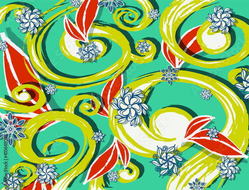 Three-dimensional illustration with lianas, flowers and leves on the turquoise background.