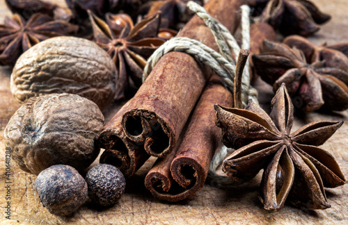 spices on wooden table, selective focus