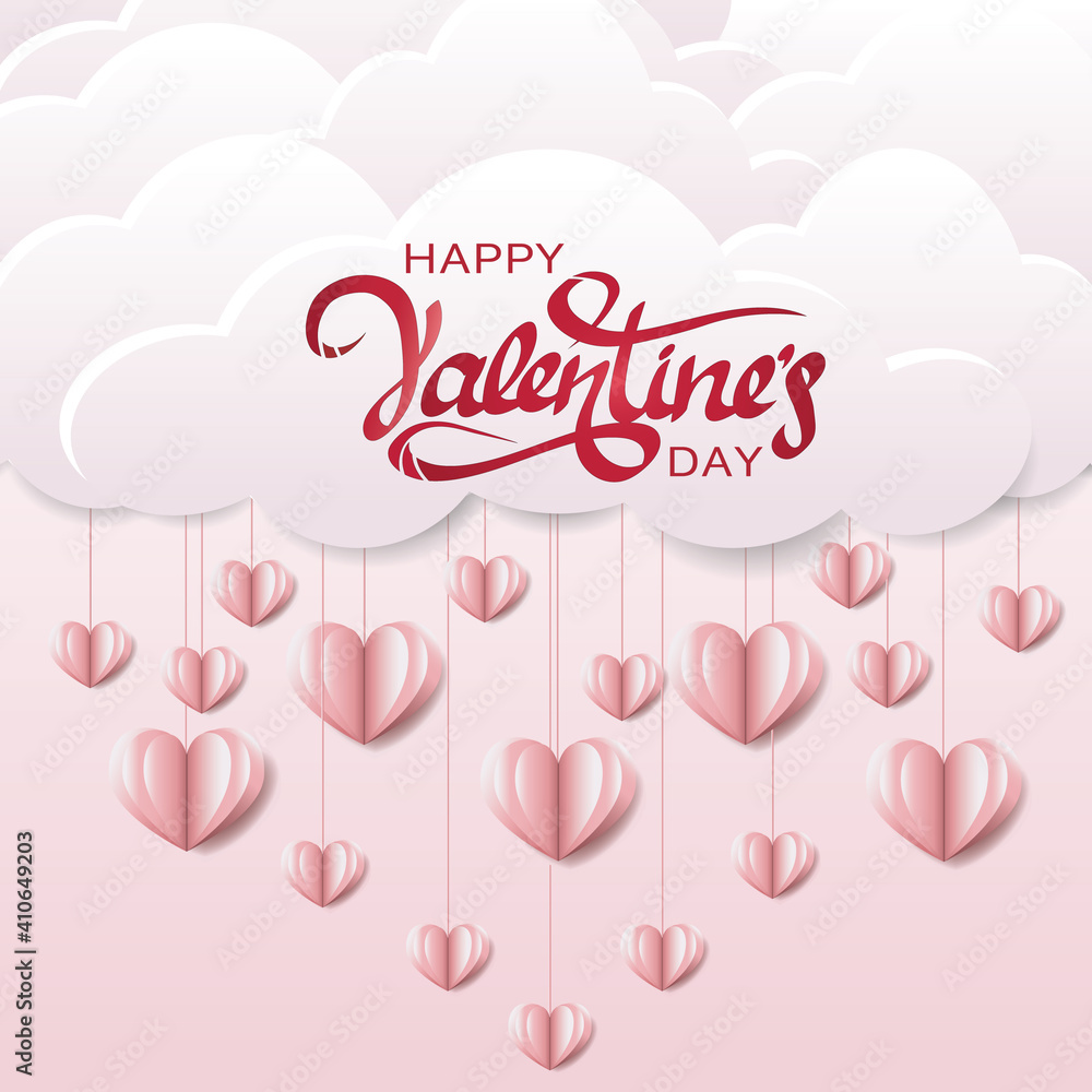 Valentine's day. Illustration for promotional materials, coupons, posters, website, postcards. Paper cloud and paper hearts, realistic background.
