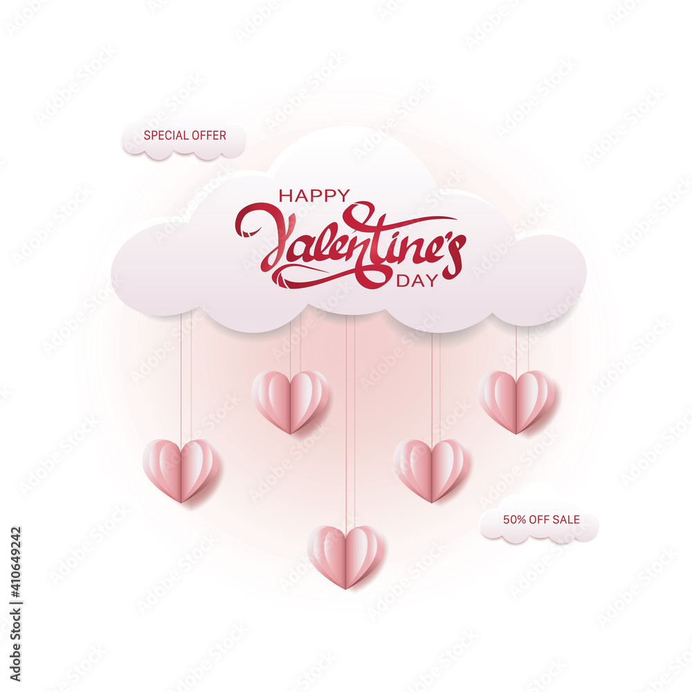 Valentine's day, sale. Paper hearts and clouds. Illustration for promotional materials, coupons, posters, website, postcards.