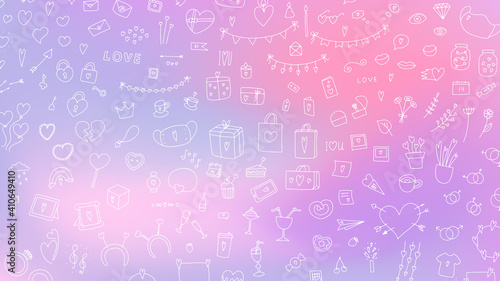 Big Doodle Valentine's Day set. Hand drawn love symbol on blurred light background. Cute greeting cards, gifts, accessories with hearts. Balloons, message sign. Pastel pink, lilac smooth vector banner