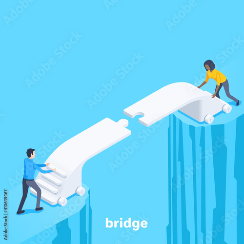 isometric vector illustration on blue background, man and woman connecting a bridge over an abyss, building relationships or cooperation in business
