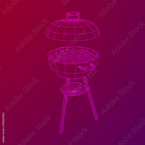 Round barbecue grill. Outdoor bbq party. Wireframe low poly mesh vector illustration