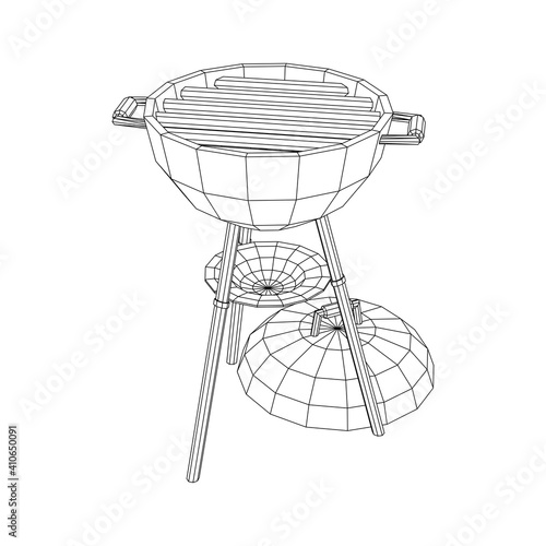 Round barbecue grill. Outdoor bbq party. Wireframe low poly mesh vector illustration
