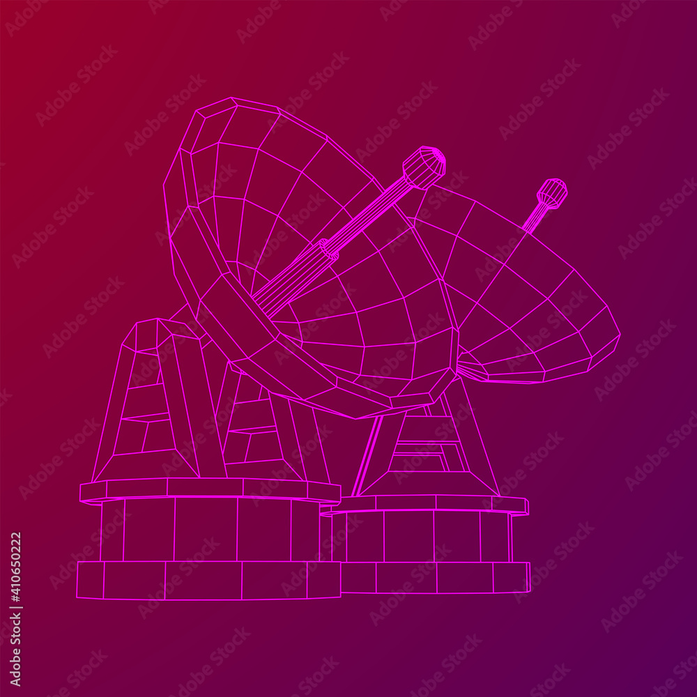 Radar. Directional radio antenna with satellite dish. Astronomy radio telescope . Wireframe low poly mesh vector illustration