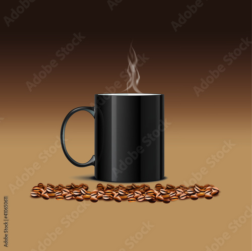 A black cup of hot coffee with smoke. brown gradient background with coffee beans.
