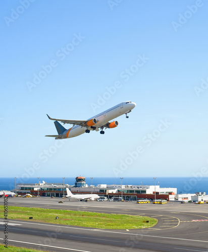Airplane taking off airport Madeira
