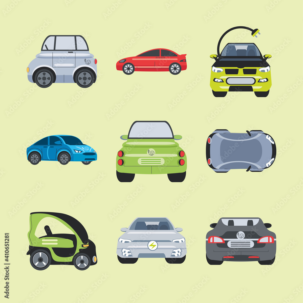 set of different color electric cars, new energy vehicles set of different color electric cars, new energy vehicles