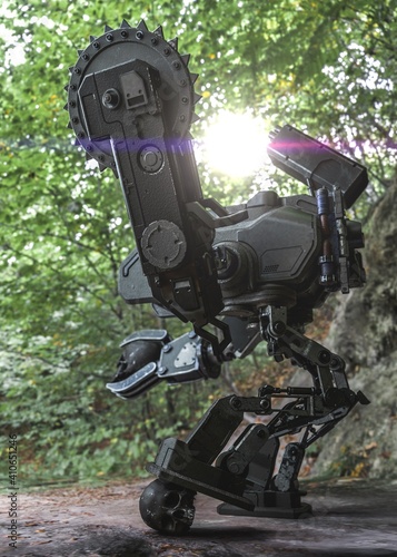 Robot in the woods with skull