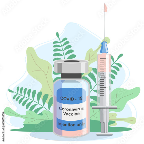 Covid-19 Coronavirus concept. vaccine vial and syringe. pandemic covid-19 outbreak. isolated icon. flat