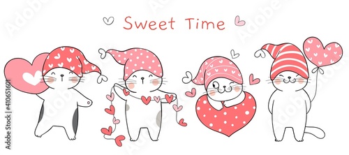 Draw banner sweet cat with heart for valentine.