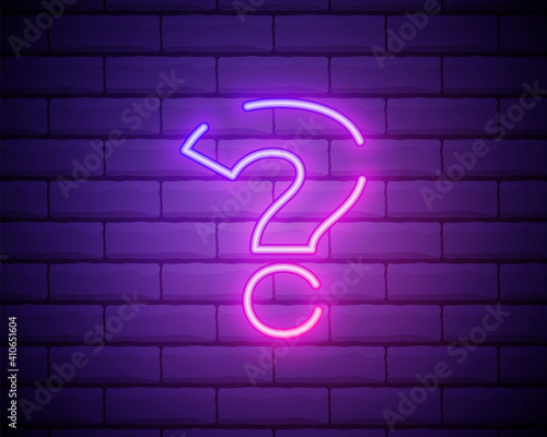 Blue glowing outline neon question mark or sign on brick wall background, ui and ux light icon and bright symbol. Vector illustration of neon question.