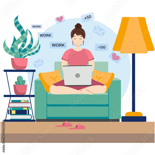 Cute young woman sitting on comfy chair with laptop computer in cozy room. Daily life of freelance worker, everyday routine.