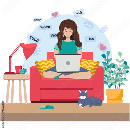 Cute young woman sitting on comfy chair with laptop computer in cozy room. Daily life of freelance worker, everyday routine.