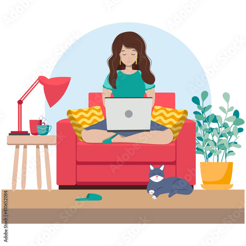 Cute young woman sitting on comfy chair with laptop computer in cozy room. Daily life of freelance worker, everyday routine.
