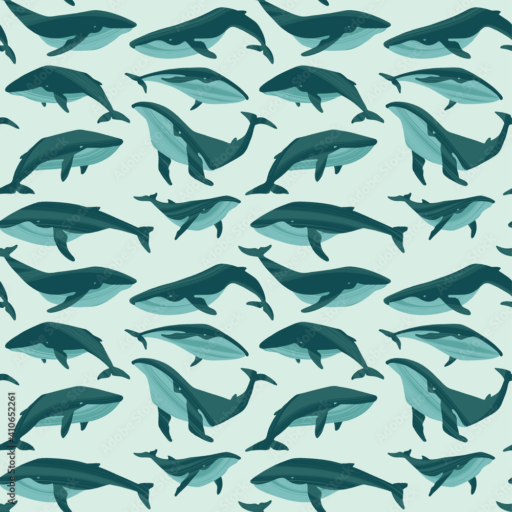Decorative vector seamless pattern with whales. Ocean animals in trendy flat style. Decorative vector seamless pattern with whales. Ocean animals in trendy flat style.