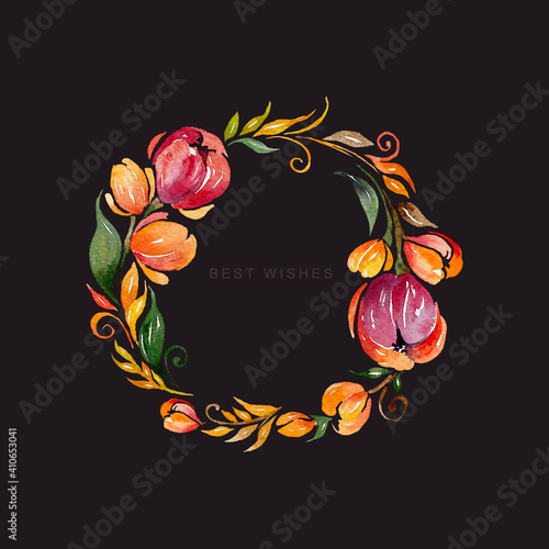 Watercolour colourful wreath of tulips