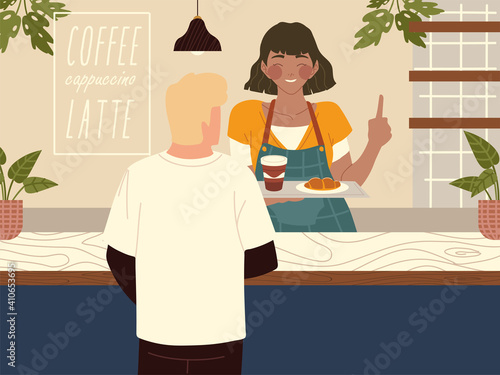 waitress in the coffee shop serves customer