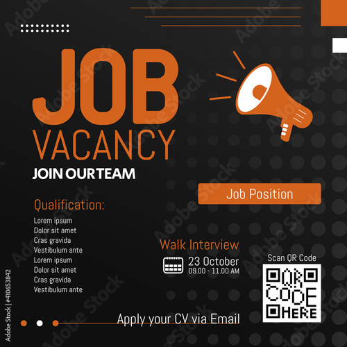 Job vacancy modern template. We are hiring, job vacancy social media content with qr code concept