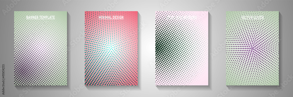 Futuristic dot perforated halftone front page templates vector series. Corporate booklet faded - obrazy, fototapety, plakaty 