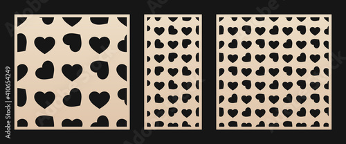 Laser cut pattern with hearts. Vector template with rotated heart shapes. Valentines day design. Decorative stencil for laser cutting of wooden panel, metal, paper, plastic. Aspect ratio 1:1, 1:2